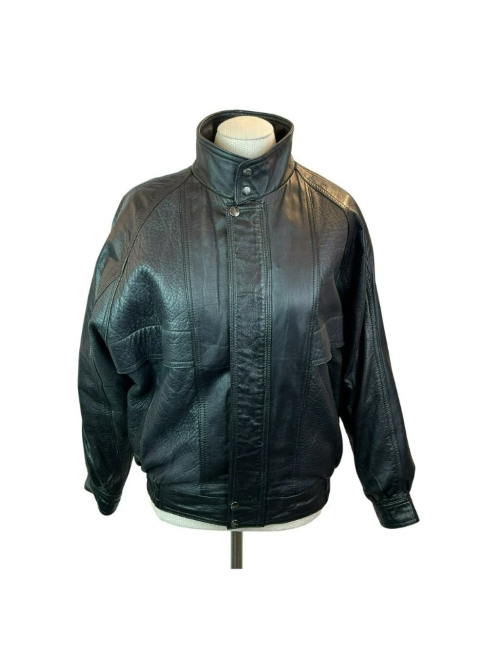 deNaive Leather Moto Bomber Jacket Womens Large Black Snap High Collar - Picture 3 of 14